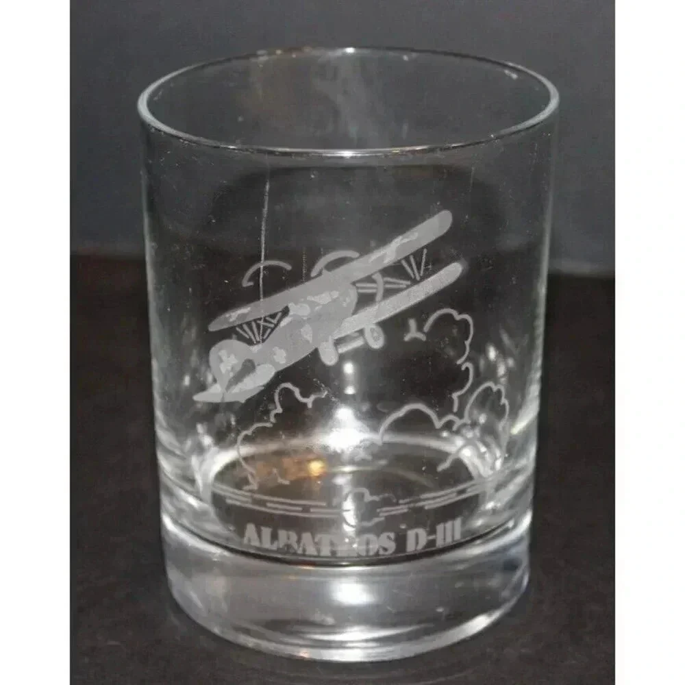 Vintage Glass Etched Albatros D- III Flying Aircraft Aviation Class Cup Tumbler